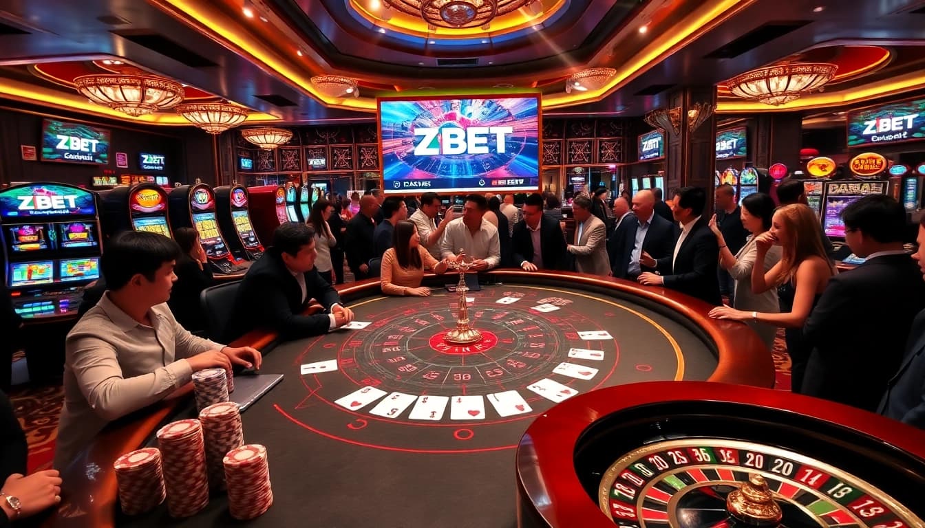 Experience high-stakes gaming at ZBET with vibrant casino tables and engaging players.