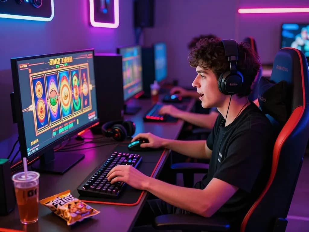 Exciting gaming scene featuring a player engaged with situs gacor slot games and vibrant graphics in a modern setup.