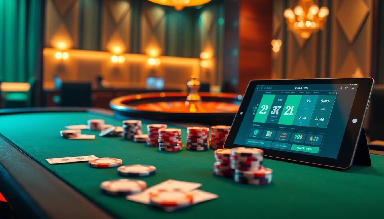 Exciting gambling scene featuring the 22JL casino with poker chips and a roulette wheel.