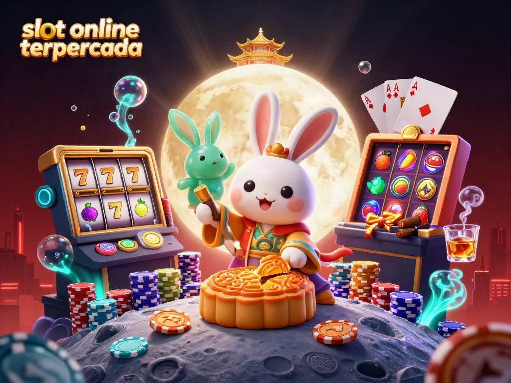 Menangkan slot online terpercaya dengan ilustrasi 3D kelinci bulan memukul kue mooncake yang terbuka dengan chip poker di dalamnya.