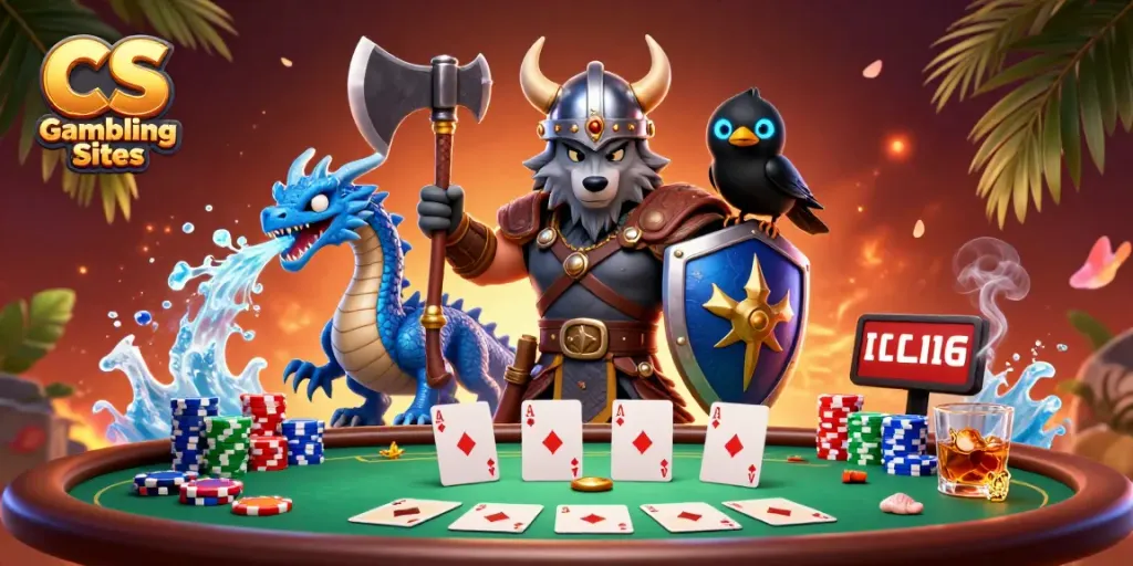 Engage in thrilling CS Gambling Sites with vibrant poker scenes featuring mythical characters.