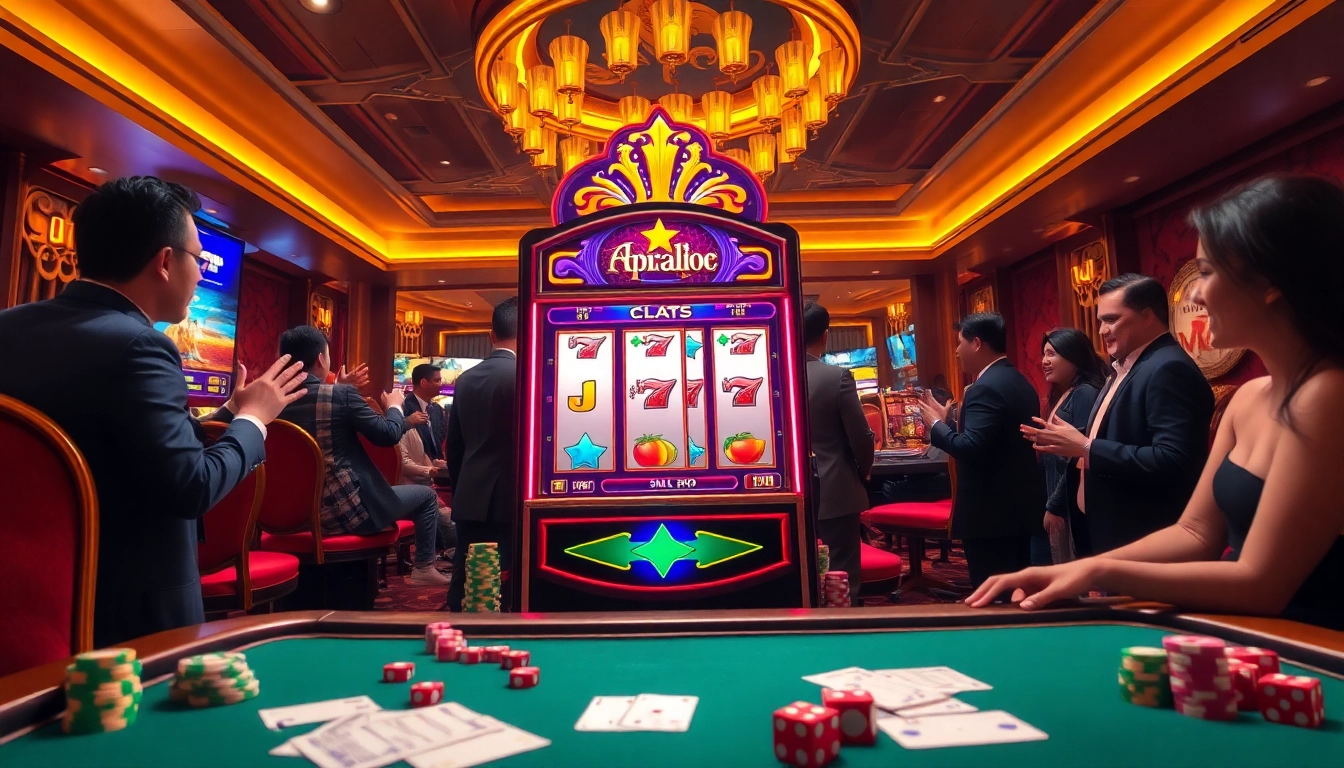 Players enjoying the slot apiraja88 machine amidst a vibrant casino scene.