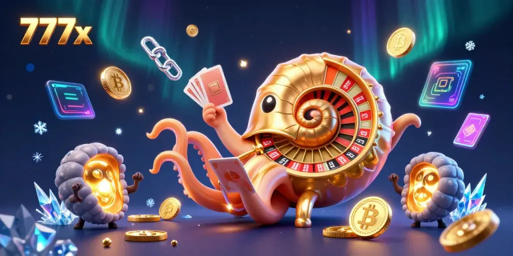 Experience the exciting world of 777x with vibrant casino elements and a giant nautilus character.