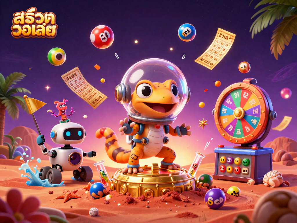 Experience the excitement of สล็อตวอเลท in this dynamic Martian casino scene with bouncing lottery balls and vibrant prizes.