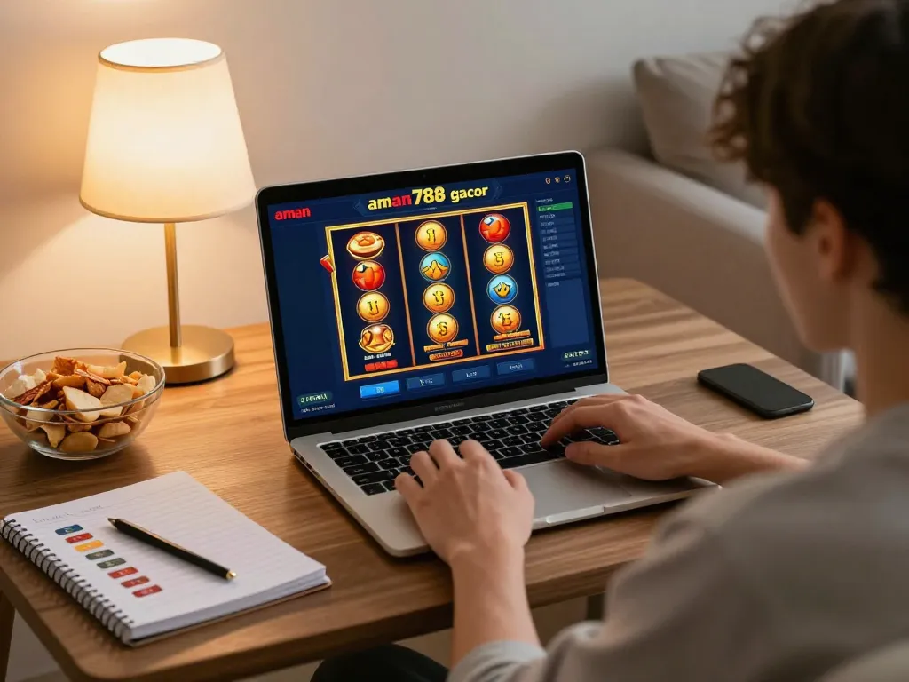 Seseorang menikmati permainan slot gacor aman788 di rumah dengan laptop dan catatan strategi.