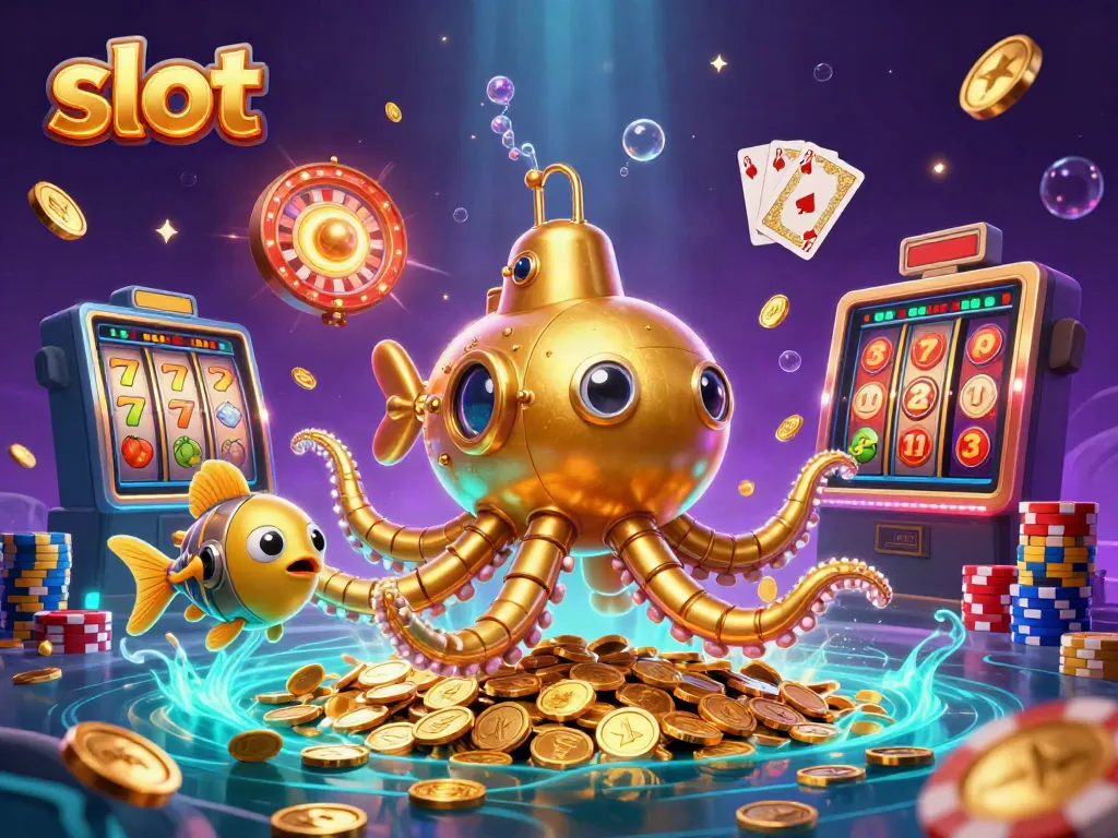 Mesin slot dengan simbol keberuntungan dan laut koin emas yang menggoda, memikat para pemain.