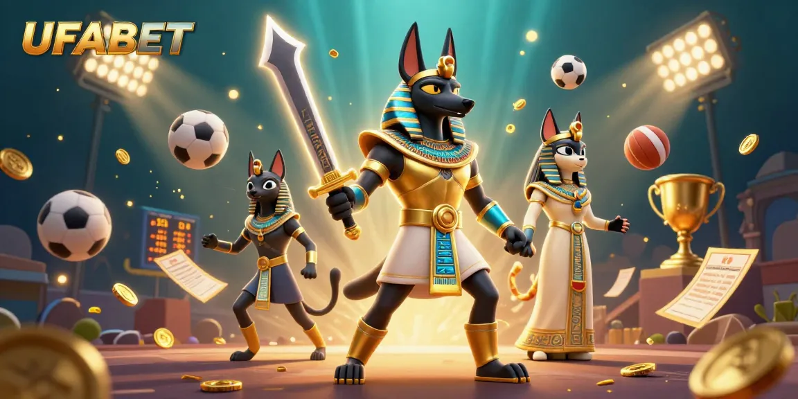 Bet on UFABET with Anubis and Bastet in a vibrant casino atmosphere featuring sports elements.