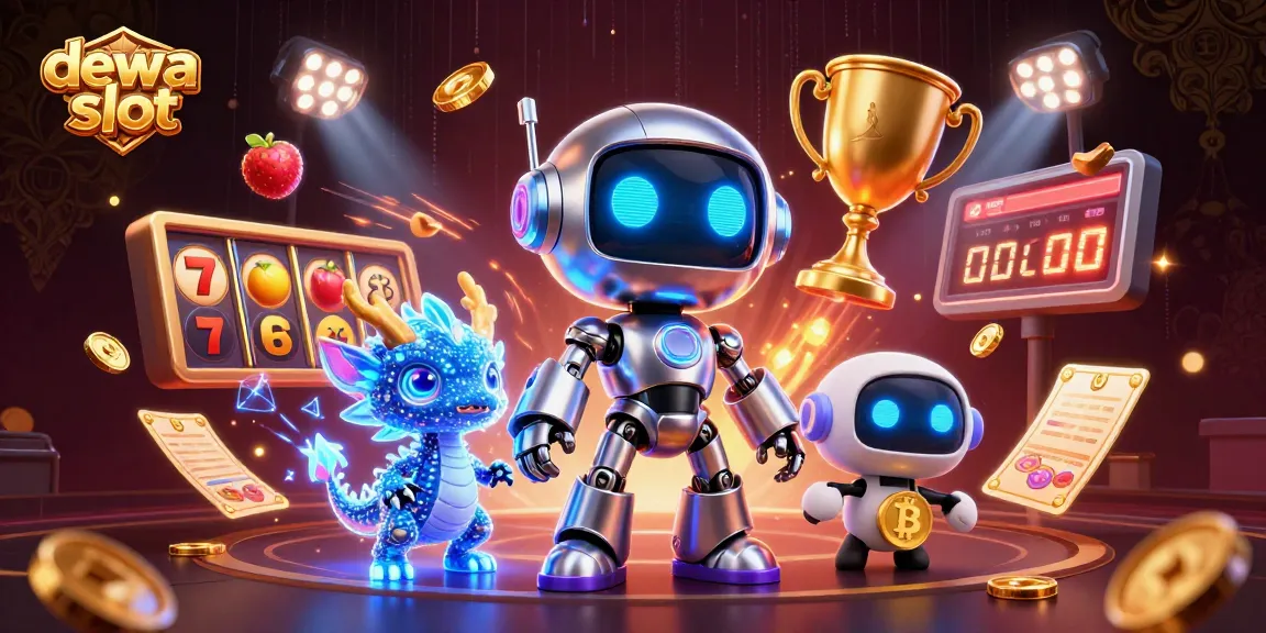 Mengakses kemenangan menarik di dewa slot dengan ilustrasi 3D robot dan hologram yang memikat di dunia kasino.