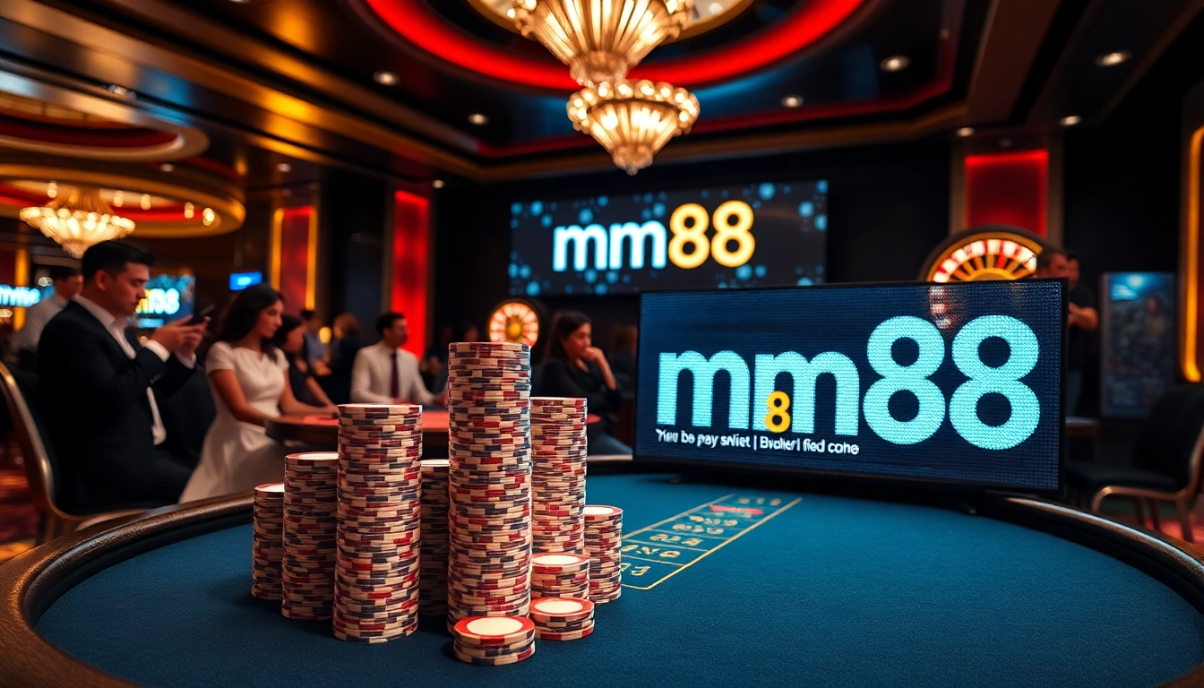 Experience thrilling gameplay at mm88's luxurious casino tables filled with chips and excitement.