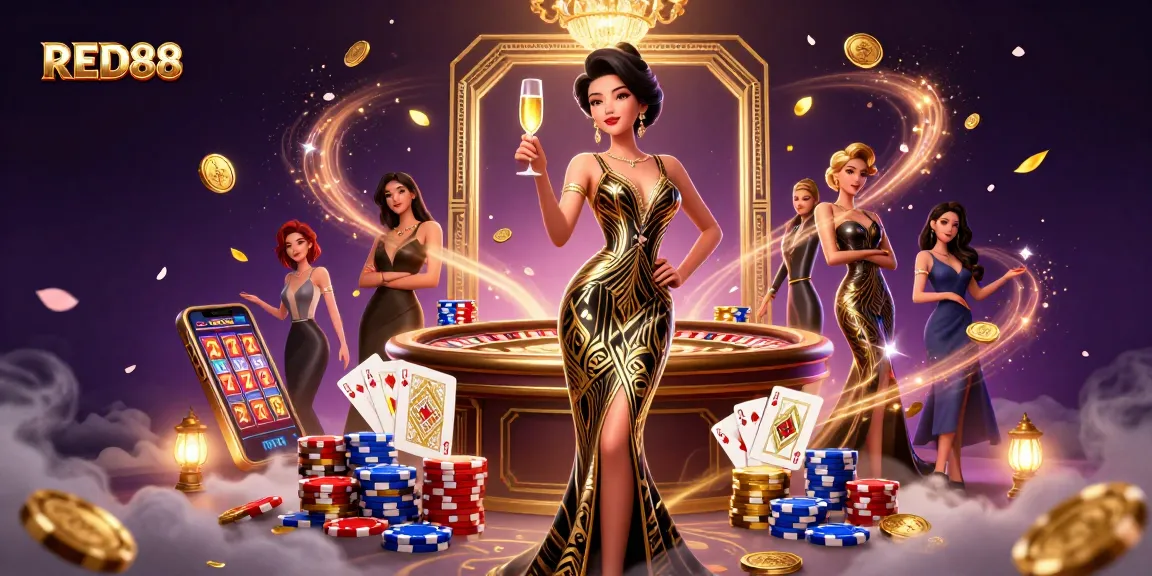 Engage with RED88's thrilling casino experience featuring a glamorous theme, vibrant gaming elements, and elegant visuals.