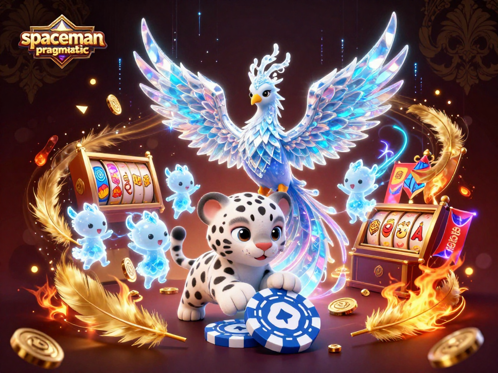 Spin the reels with spaceman pragmatic, featuring an ice phoenix, snow leopard cub, and glowing sprites surrounded by casino elements.