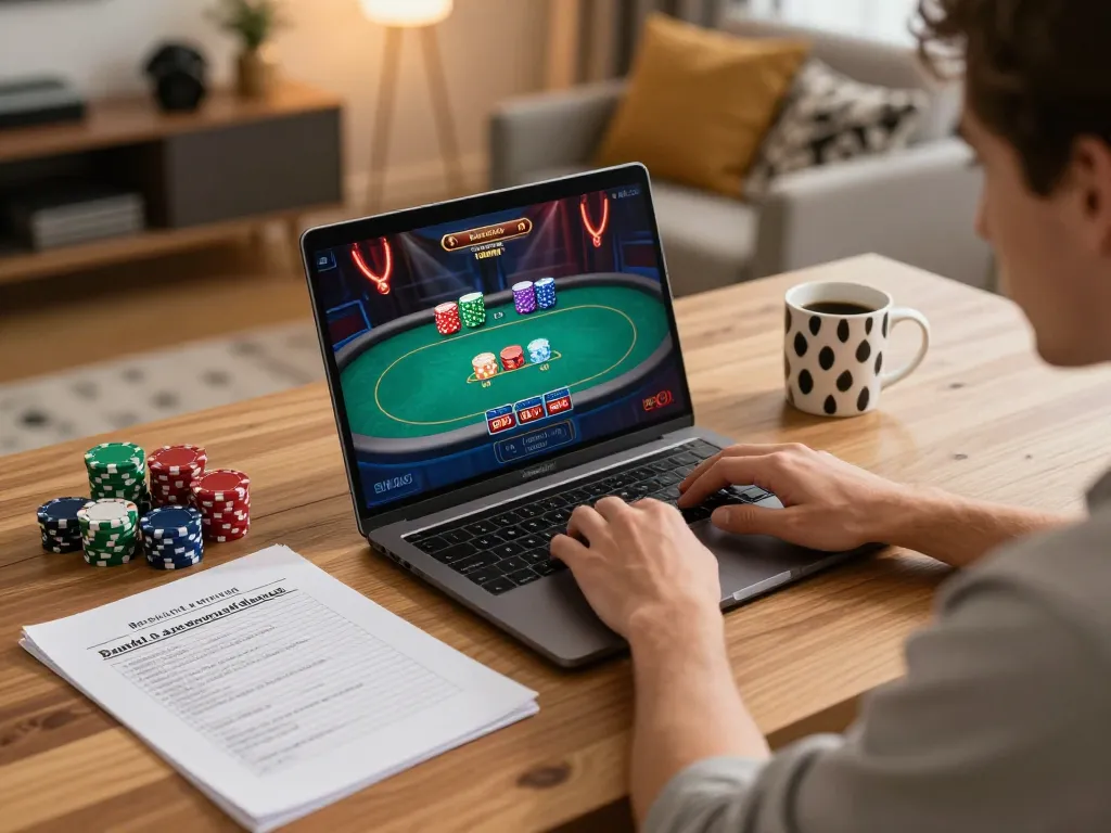 Engaging in strategic poker gameplay at home with Rik vip, showcasing a dynamic online gaming environment
