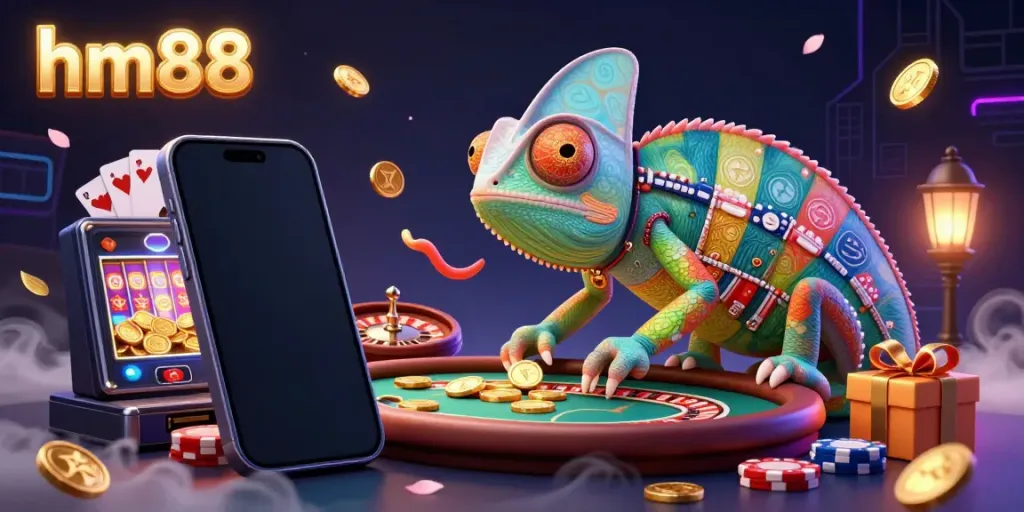 Engage with the vibrant world of hm88, featuring a colorful chameleon casino owner amidst explosive golden coins and gaming excitement.