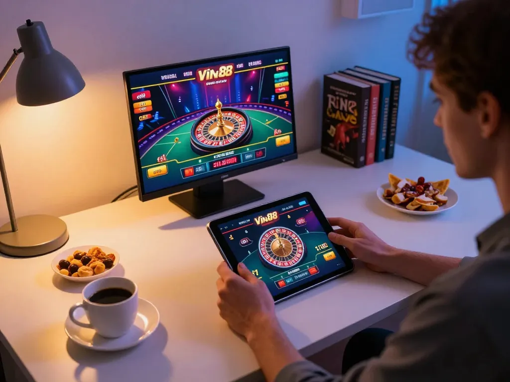 Player enjoying Vin88's live dealer roulette on tablet, engaging in online casino experience from home