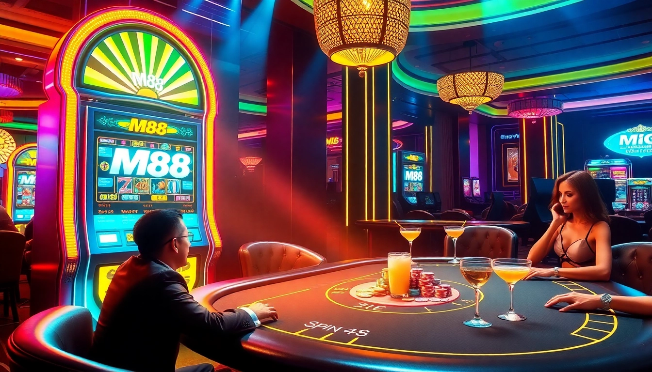 An M88 themed slot machine with vibrant neon lights and poker table highlights in a luxurious casino.