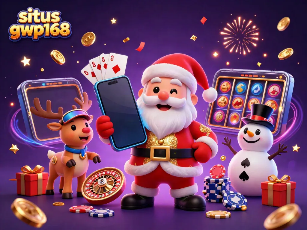Merayakan permainan kasino di situs gwp168 dengan Santa Claus, rusa, dan salju.