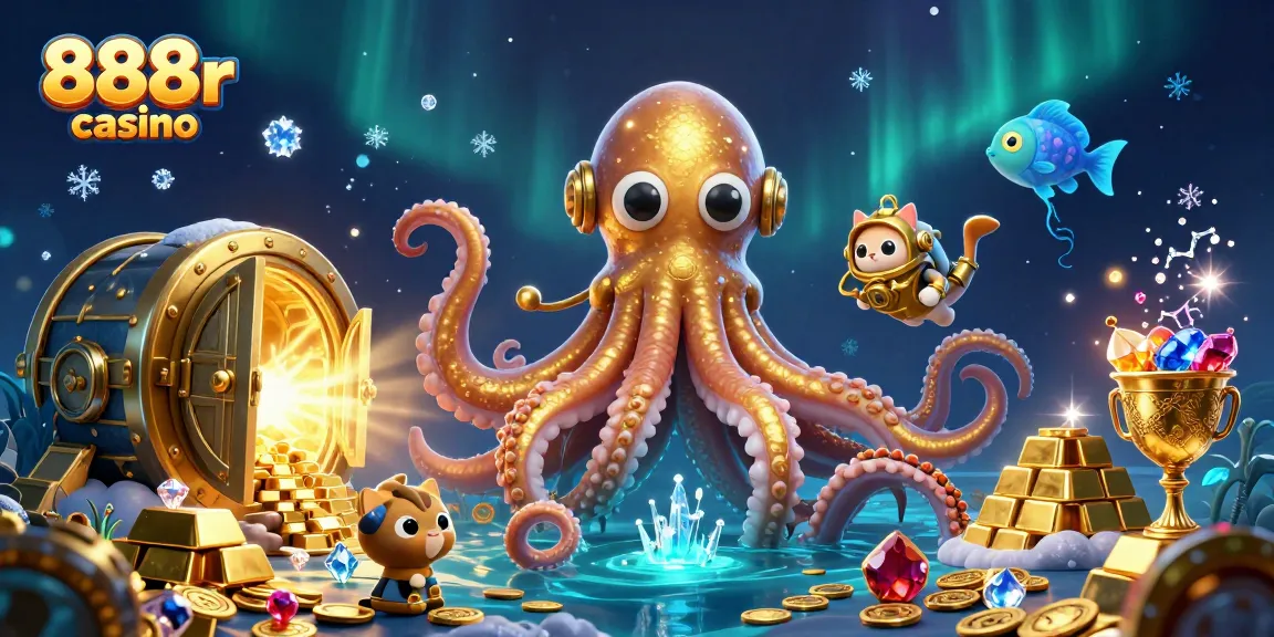 Engage with 888r casino's thrilling adventures in a vibrant underwater treasure scene filled with gold and gems.