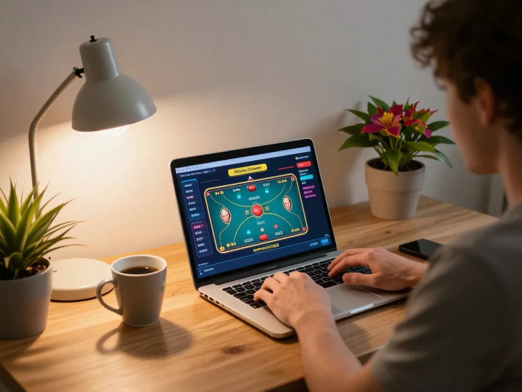 Engaging with live dealer games on https://goal123.ac/ in a cozy home setup, promoting responsible online gaming.