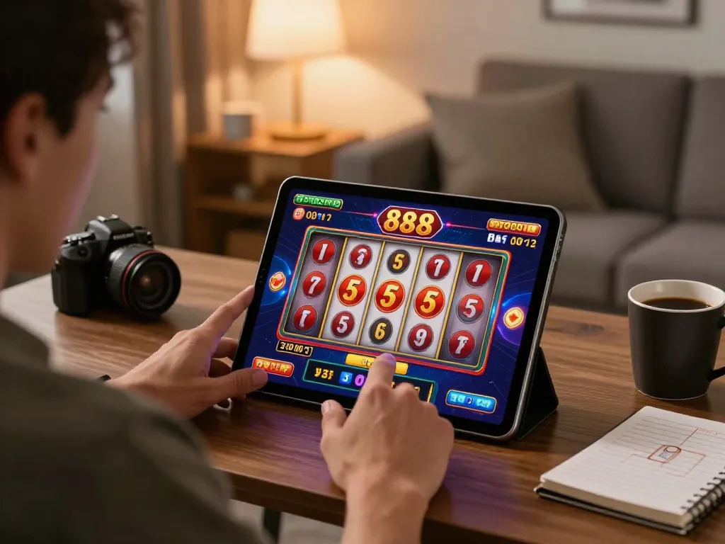 Experience thrilling slot88 gameplay in a cozy home setting, complete with a tablet and strategy notes.