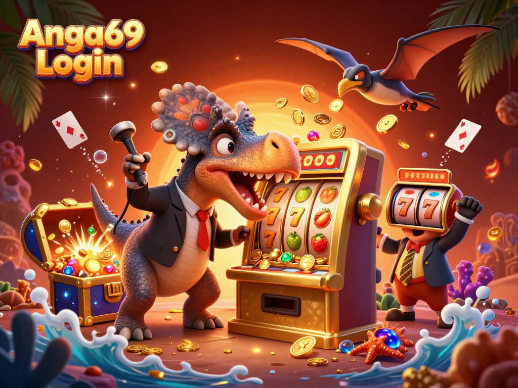 Angka69 Login features a pachycephalosaurus and golden slot machine in a vibrant casino scene.