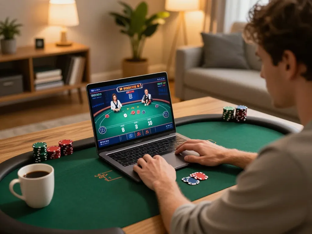 Player experiencing online poker excitement with tr88 on a cozy home setup.