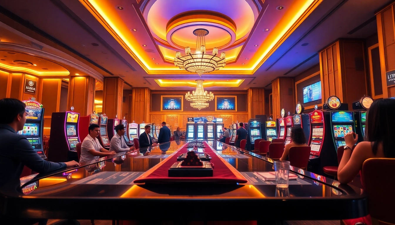Experience the excitement of 8scom with a vibrant casino interior filled with glowing slot machines and engaging dealers.