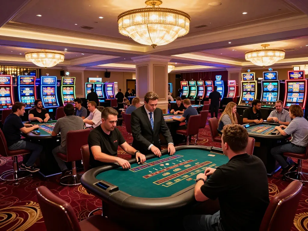 Players enjoying games on an upscale casino floor, illustrating the excitement of f8bet.com gaming experience.