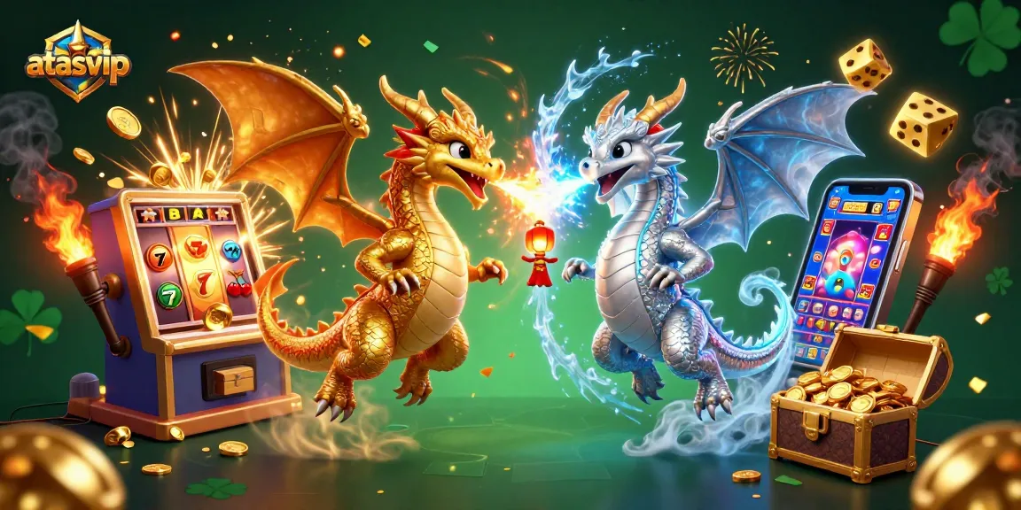 Engage with the exhilarating world of gaming at atasvip, featuring golden and silver dragons amid dazzling casino elements.
