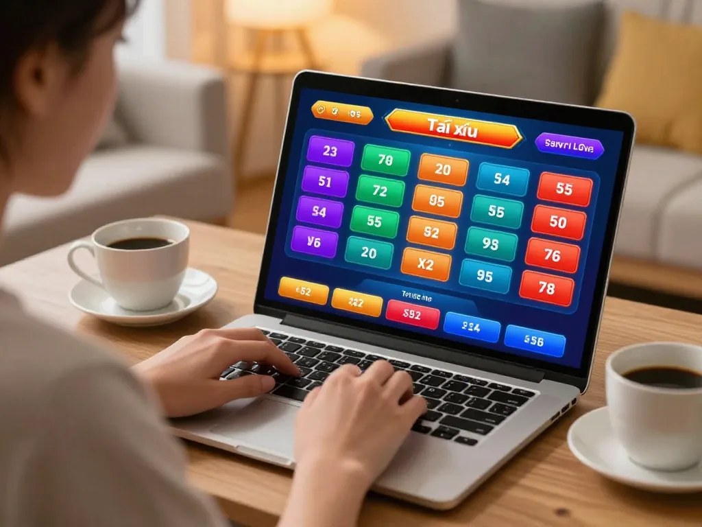 Tài xỉu online gaming scene at home, showing a player engaged with laptop, comfortably participating in online betting.