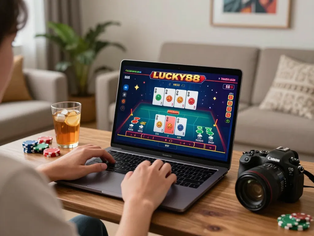Engaging live casino action on Lucky88 with player concentrating on laptop game.