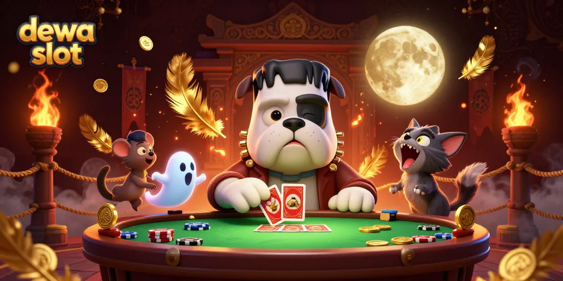 Menangkan dewa slot dengan karakter kasino unik yang bermain kartu di meja menghantui.