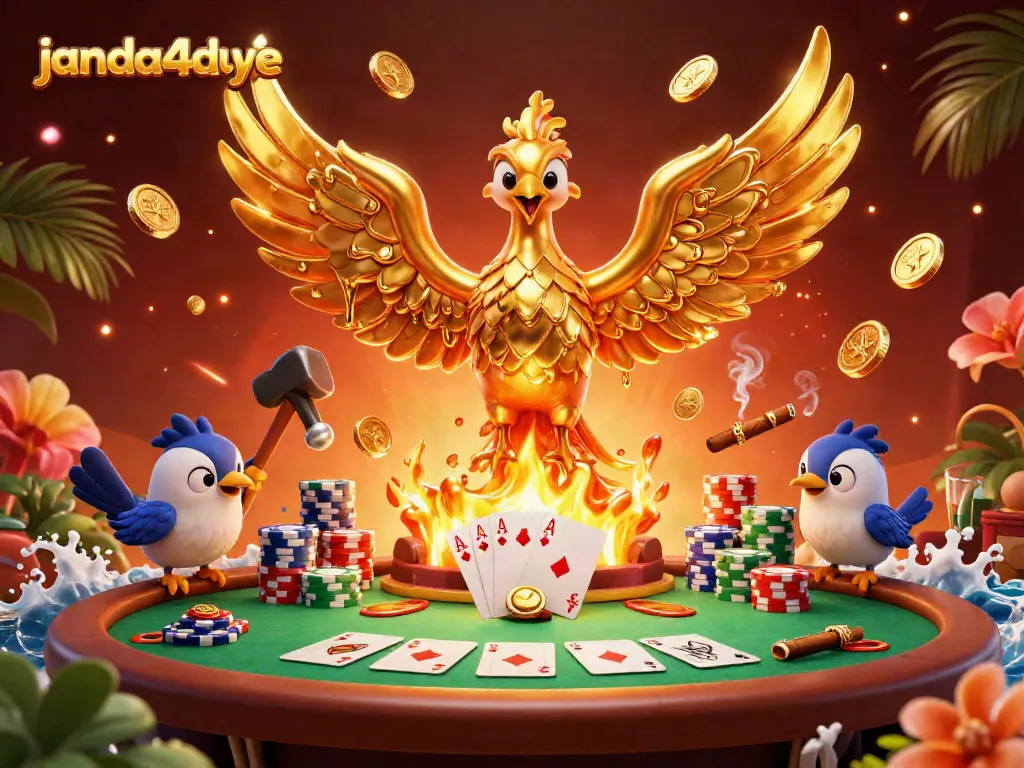 Menggambarkan sensasi permainan di janda4duye, phoenix emas mengeluarkan koin, dikelilingi meja poker