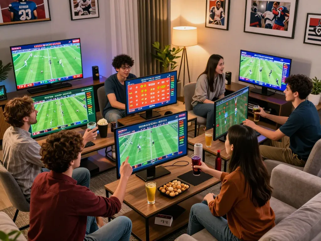Friends engaging in sports betting excitement at home with MPOSPORT on multiple screens amidst snacks and drinks.