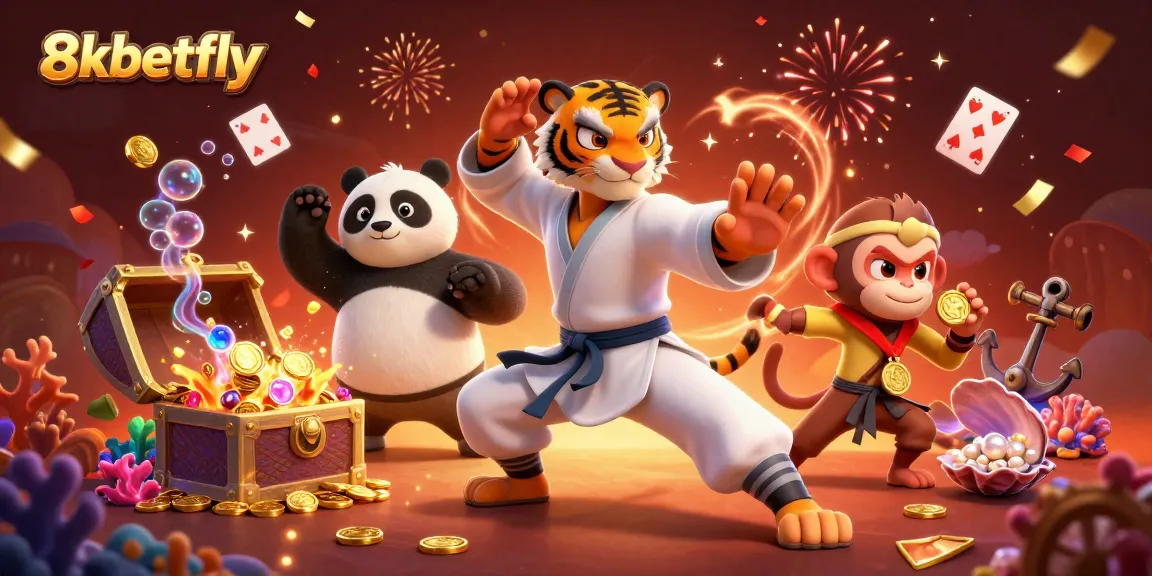 Engage with exciting games at 8xbetfly featuring a vibrant scene of Kung Fu characters in a colorful casino setting.