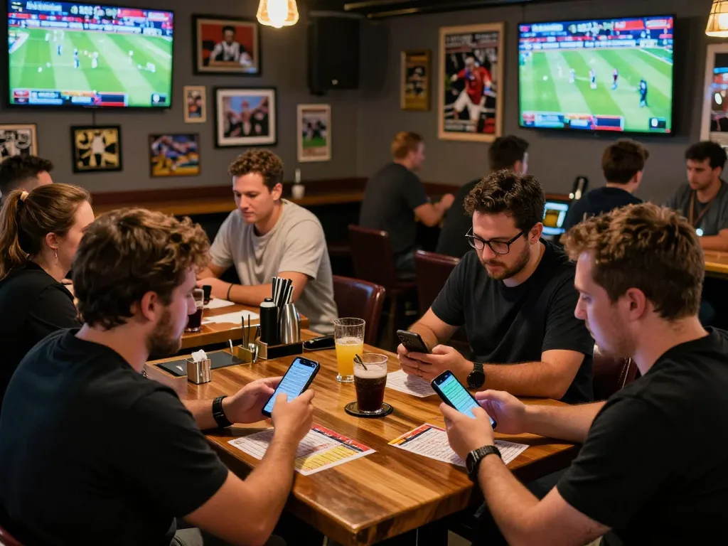 Betting fans engaged with net88 sports app in a lively bar atmosphere, showcasing excitement.