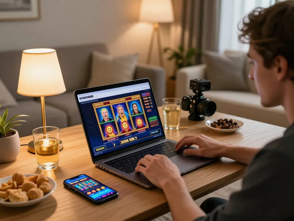 Player engaging with open88.com in a cozy home setting, enjoying online casino gaming experience