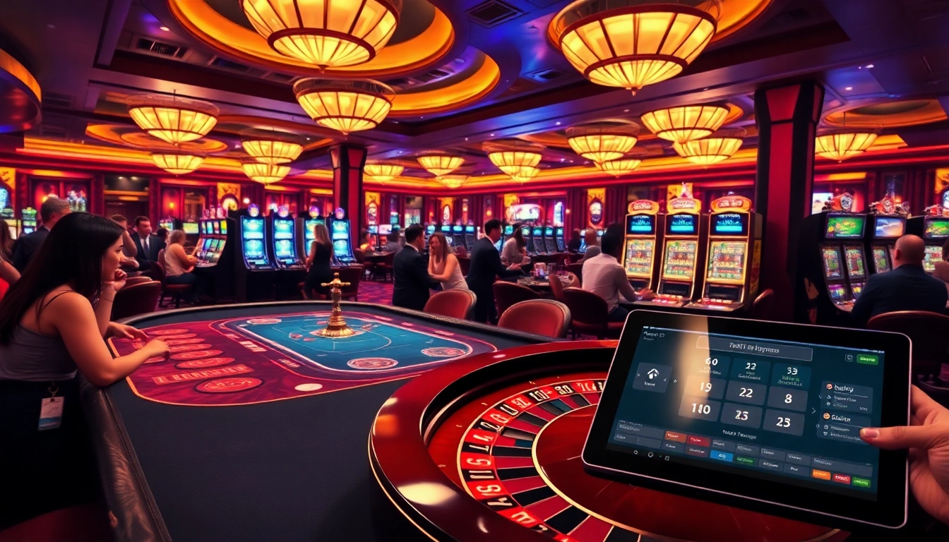 Engaging scene at HM88 casino, featuring a lively poker game and illuminated slot machines.