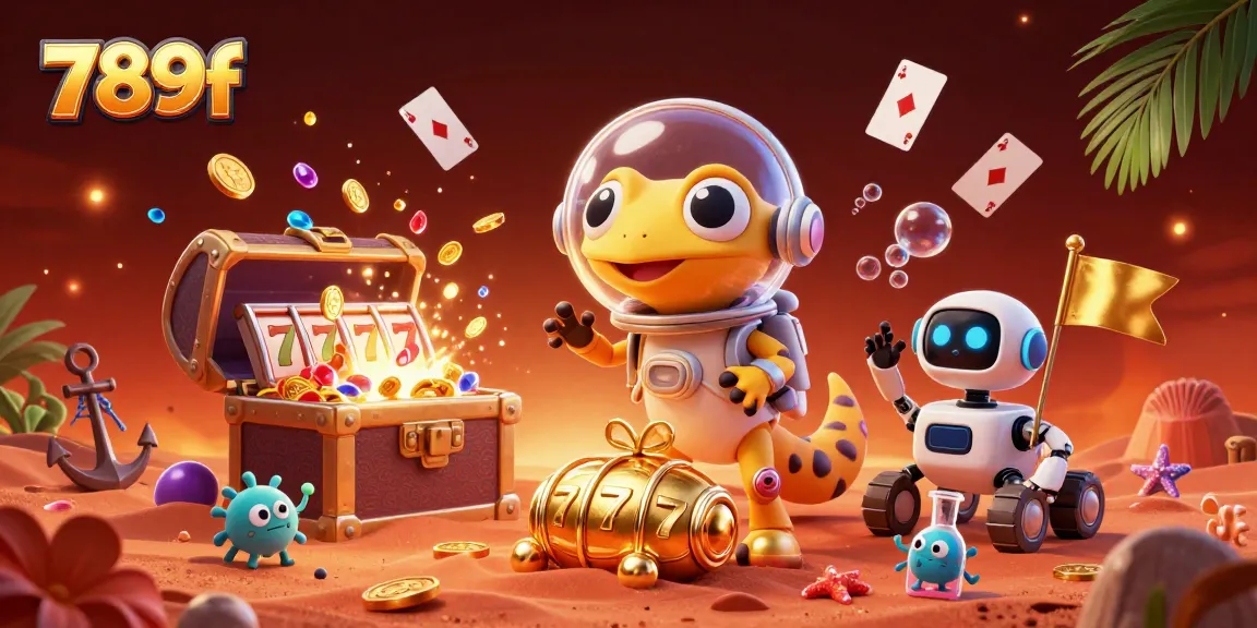 Explore the exciting world of 789f with a cartoon Martian gecko discovering a golden casino.