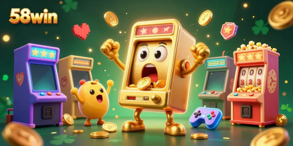 Experience the excitement of 58win with a jackpot-winning slot machine and festive scene.