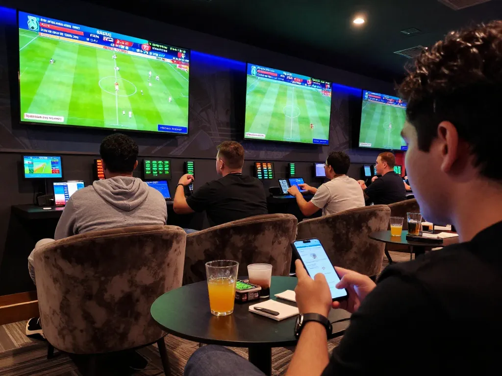 Engaged bettors at Keonhacai5's sports betting lounge analyzing odds and matches