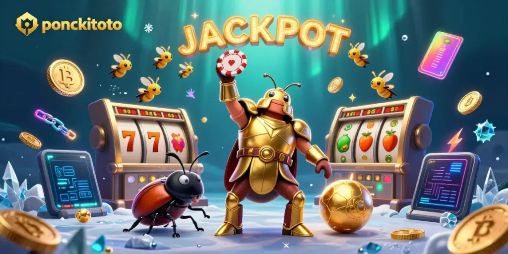 Permainan togel Puncaktoto meraih jackpot dengan karakter menarik dan simbol hoki yang mengelilingi.