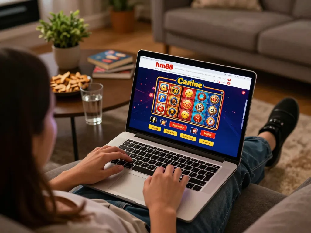 Player engaging in online gaming at hm88 casino site with vibrant slot games displayed on screen