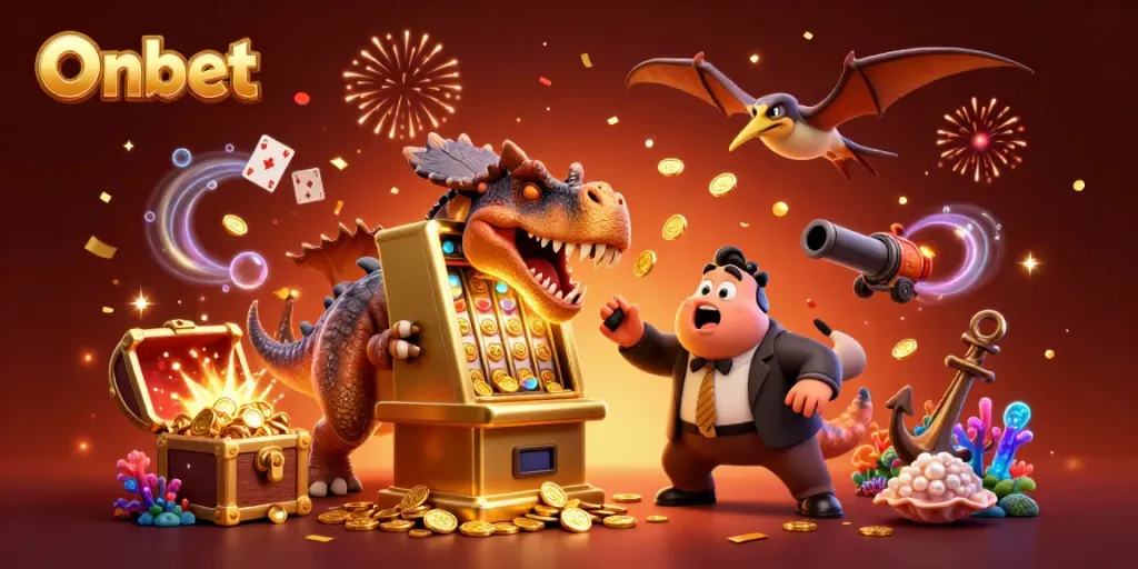 Onbet illustrates a dynamic casino scene with a dino celebrating jackpot wins, embodying the excitement of online gaming.