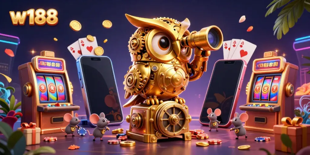 Experience the vibrant world of w188 online casino with a whimsical, detailed illustration featuring a golden owl and lively characters.