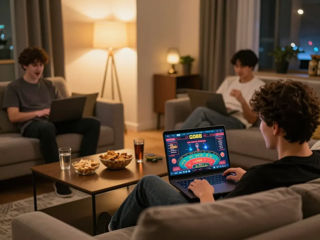 Engaging in GO88 live dealer games at home with a cozy gaming setup, showcasing modern decor and snacks.