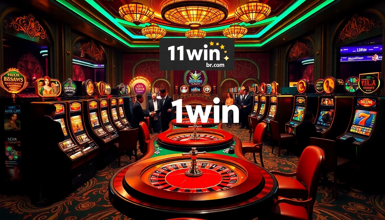 Exciting casino gaming scene with players at tables and the website https://11win.br.com/ prominently featured.