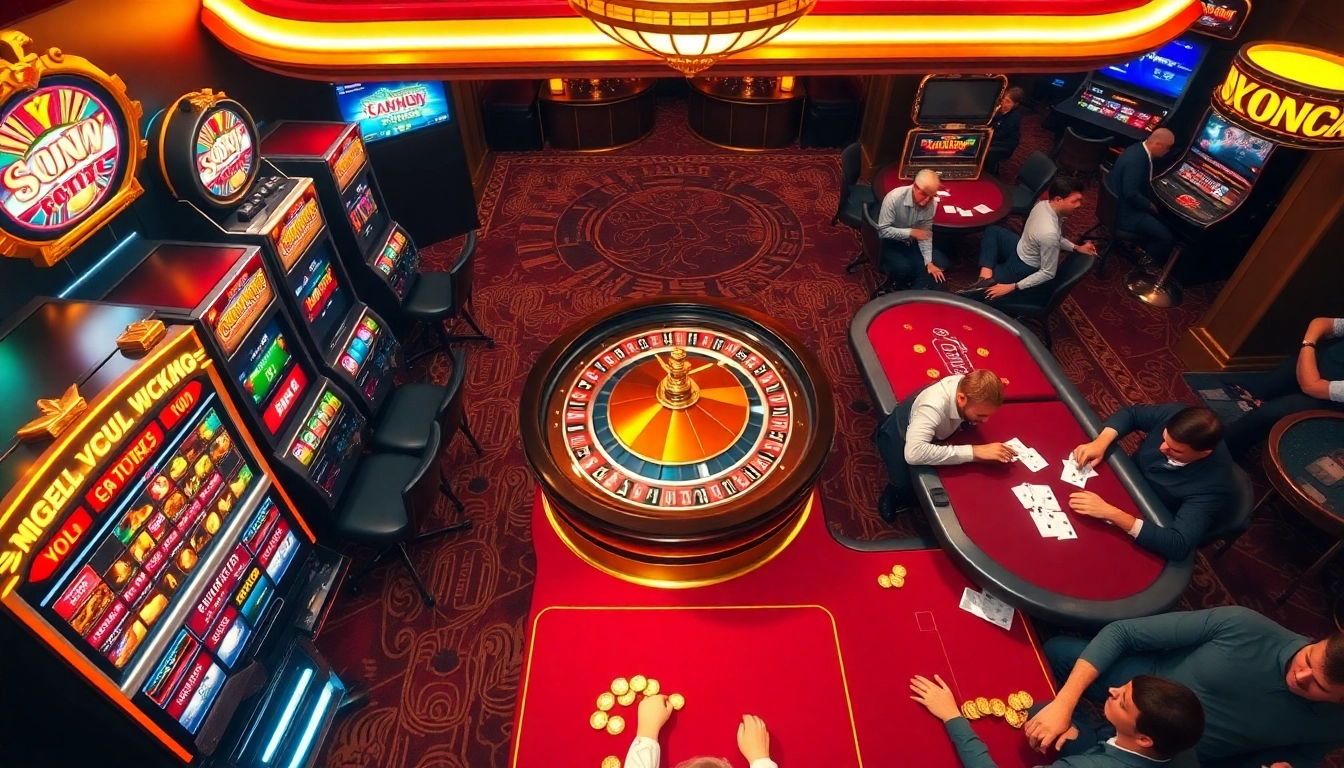 Bro138 casino scene showcasing vibrant slot machines and a spinning roulette wheel.