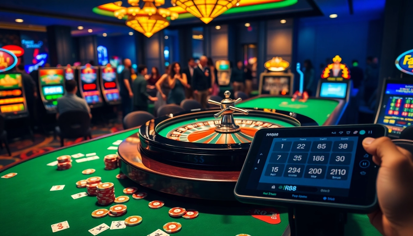 Engaging casino scene featuring the dazzling trang chủ rr88 with roulette, colorful chips, and gaming excitement.