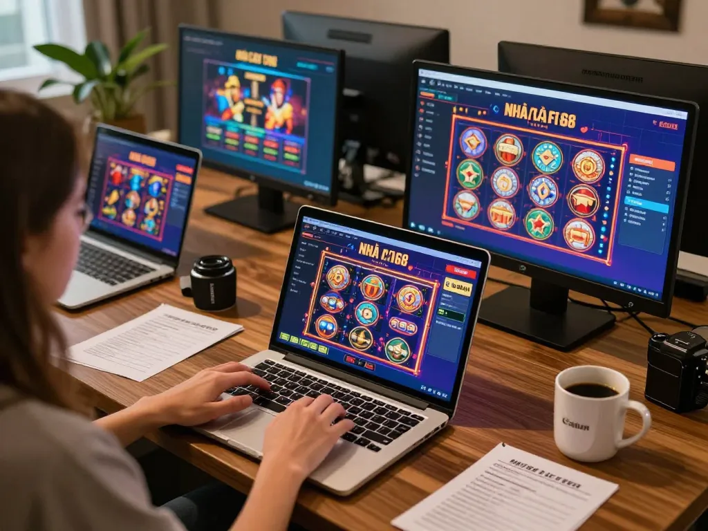 Engaging online gaming with NHÀ CÁI F168 showcasing colorful slots and live dealers in a cozy home setting