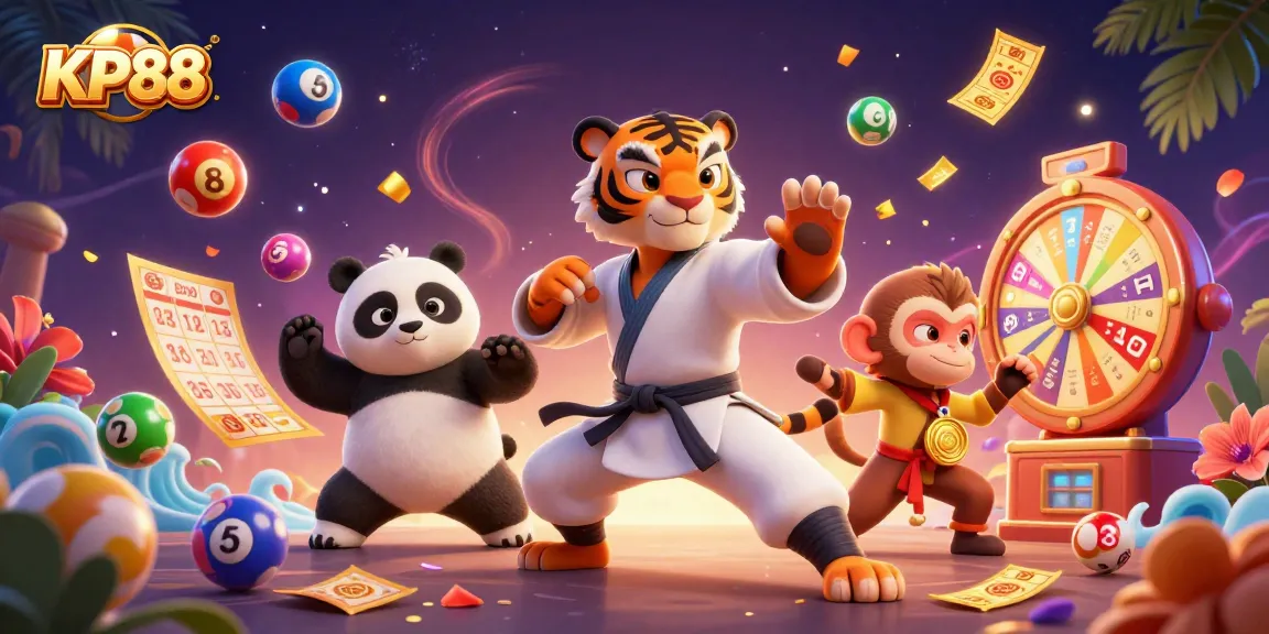 Experience the thrill of KP88's online casino with colorful lottery elements and animated characters.